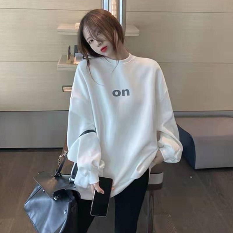 WHITE SWEATSHIRT WOMENS 2024 NEW POPULAR SPRING AUTUMN AND WINTER VELVET THICKENED LOOSE MID-LENGTH ROUND NECK
