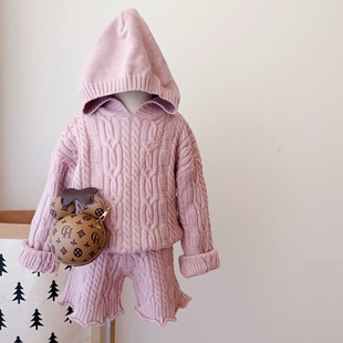 女童连帽毛衣针织衫外套上衣短裤套装春秋冬季新款时髦洋气儿童装