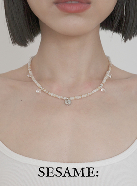 飒米白金海螺白水晶吊坠贝壳片可调节串珠项链简约高级度假项链