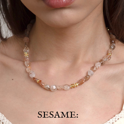 飒米SESAME椭形天然石海蓝宝天然石串珠项链度假原创设计春夏新品