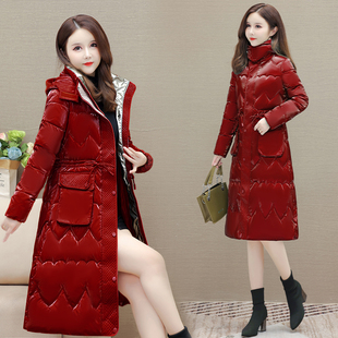 免洗亮面2023冬季修身时尚羽绒棉服女中长款加厚棉衣收腰妈妈棉袄