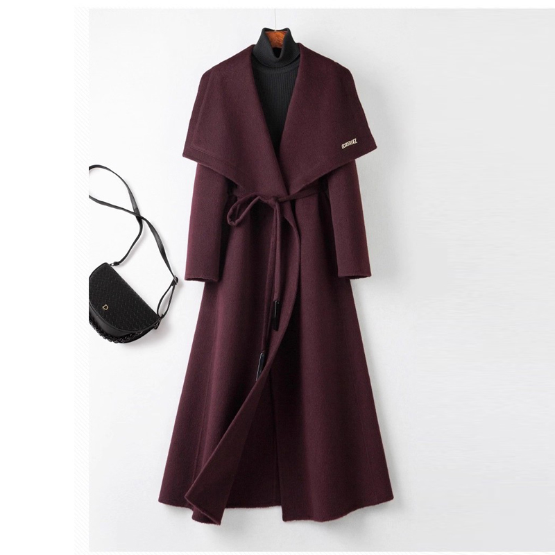 932A新款2025秋冬高端长款过膝系带绵羊毛外套双面山羊绒大衣3QR