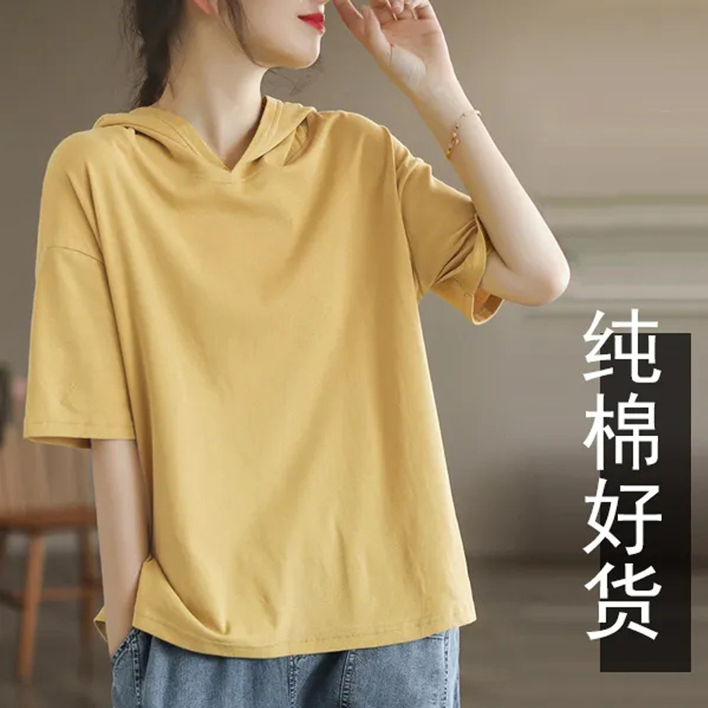 纯棉连帽短袖宽松遮肉韩版夏季新款帽子t恤打底衫外穿纯色女上衣