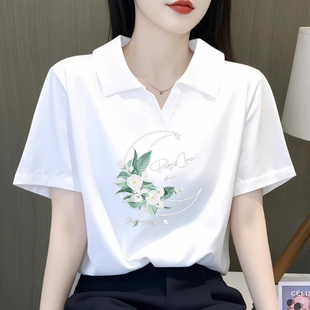 翻领印花上衣Polo设计感短袖 宽松大码 T恤女 纯棉夏季 外贸折扣女装