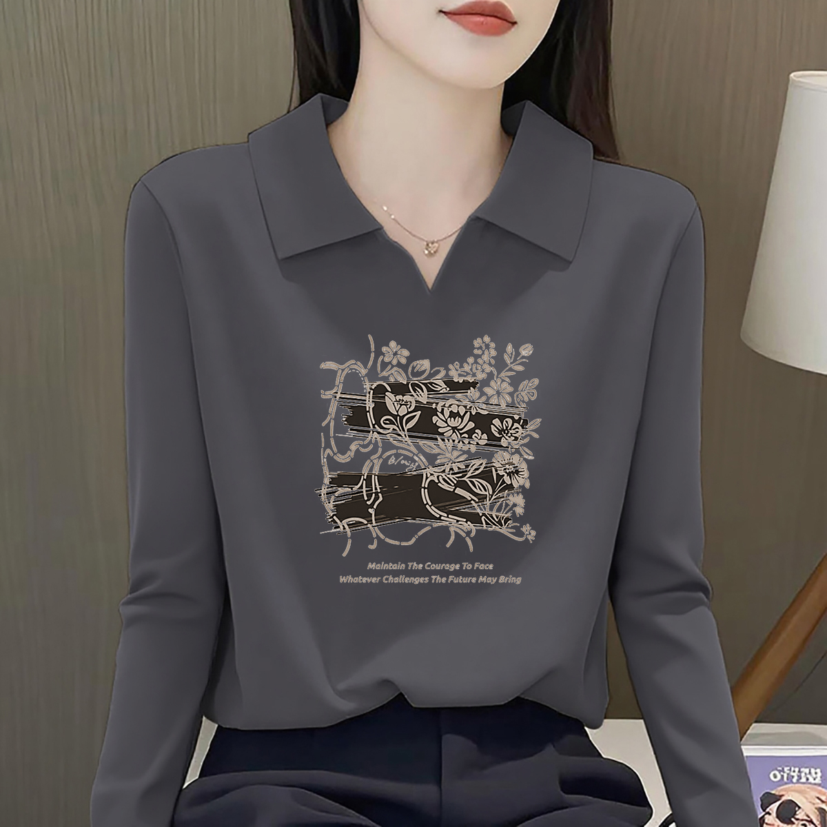 翻领宽松大码百搭新款打底上衣女