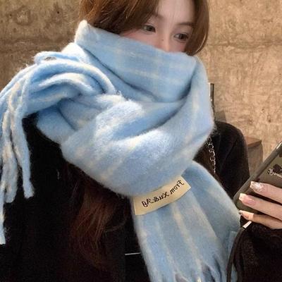 冬季毛绒格子围巾女韩系防寒围脖