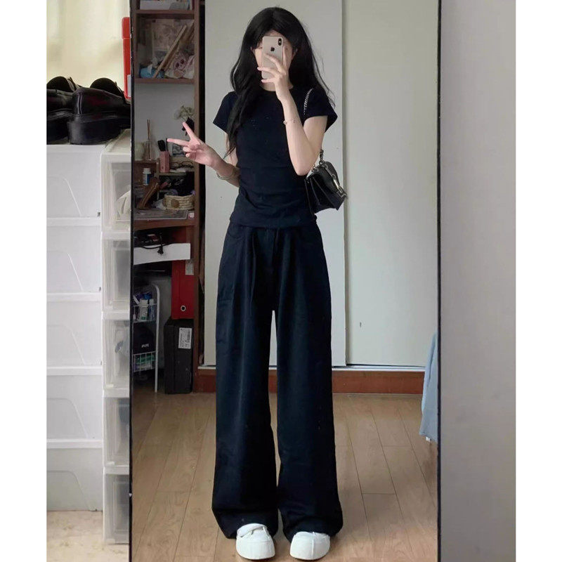 纯色休闲运动套装女夏时尚韩版宽松显瘦正肩短袖阔腿裤纯棉两件套