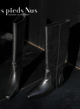 Les Pieds Nus限量款 进口油蜡牛皮不过膝长筒靴女黑色真皮骑士靴