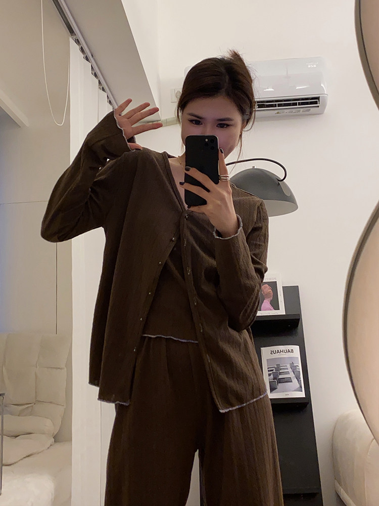 日系提花纯棉睡衣女士慵懒春秋薄款长袖长裤纯色ins三件套家居服