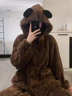 韩国卡通小熊连帽加厚睡衣女秋冬季美拉德棕保暖毛绒长袖长裤套装