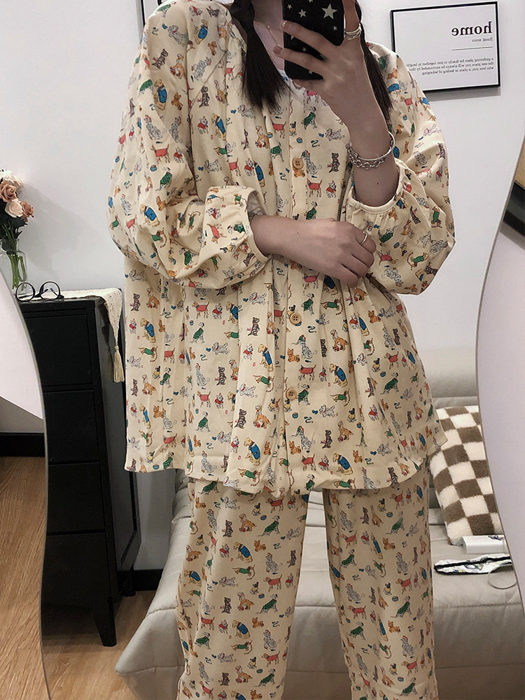 ins卡通猫咪纯棉睡衣女春秋圆领长袖长裤家居服日系2023新款套装