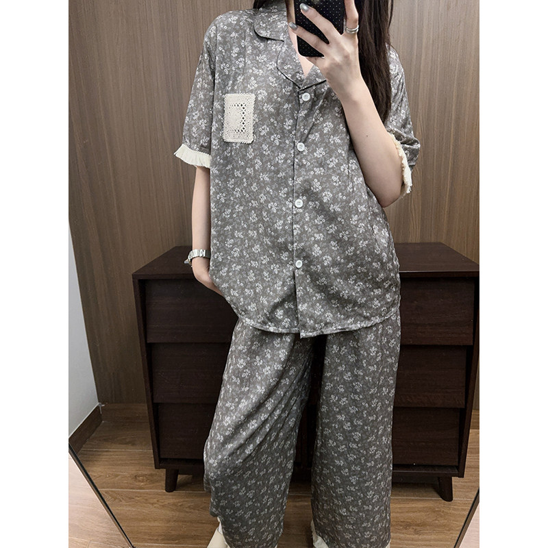 日系碎花莱赛尔睡衣女三件套夏短袖短裤胸垫款薄款家居服套装