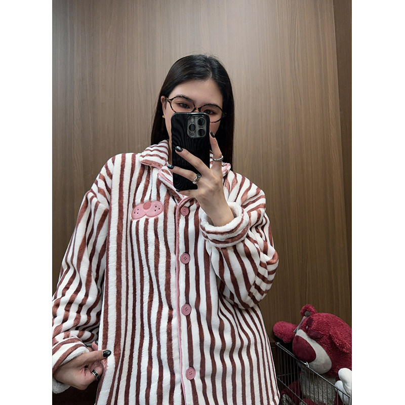 日系卡通粉红豹加厚法兰绒睡衣女