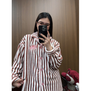 日系卡通粉红豹加厚法兰绒睡衣女条纹秋冬长袖长裤家居服情侣套装