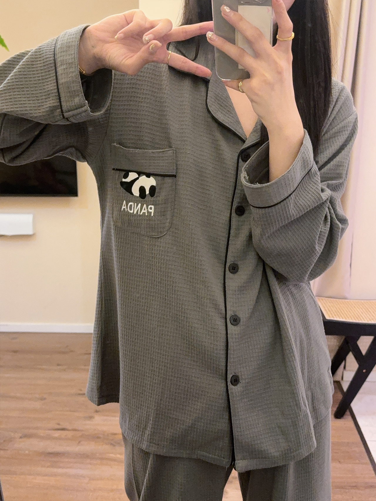 韩国卡通熊猫华夫格棉睡衣男女生