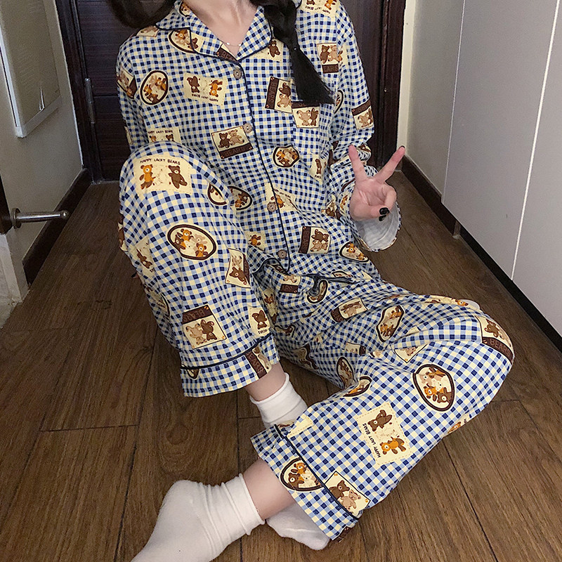 网红女生ins格纹长袖长裤睡衣