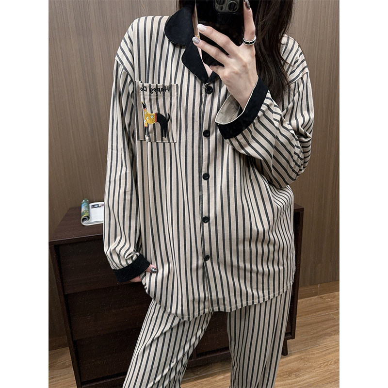 日系卡通腊肠狗纯棉睡衣男女慵懒春秋条纹长袖长裤家居服情侣套装