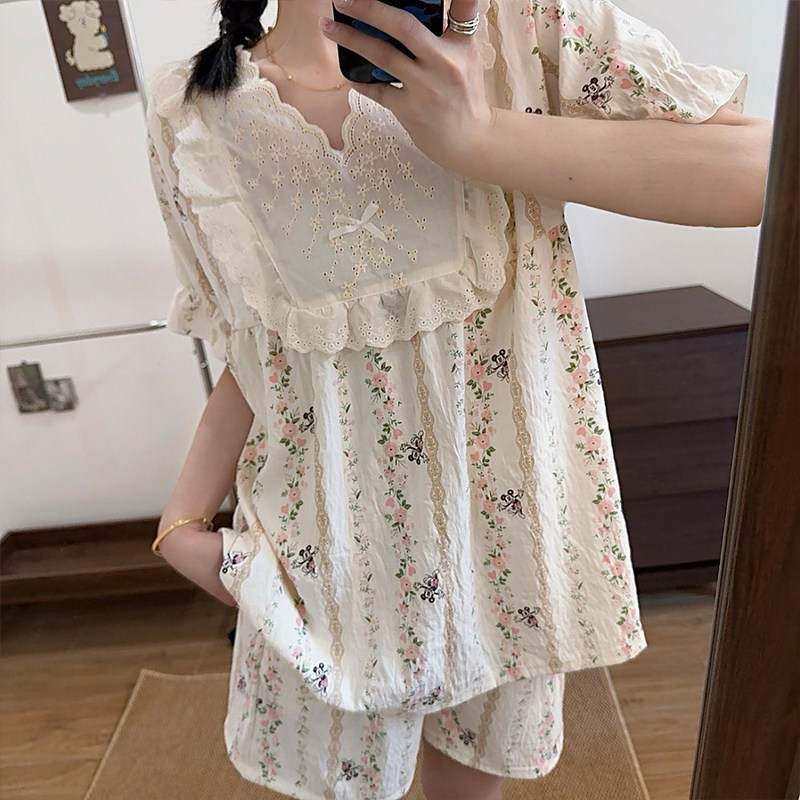 韩系花边睡衣女夏季米奇公主风短袖短裤薄款ins家居服慵懒套装