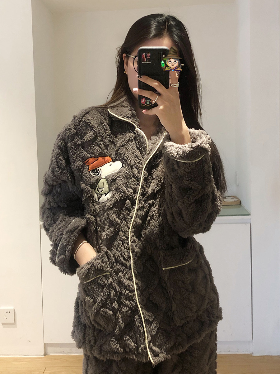 日系卡通snoopy史努比加厚加绒情侣睡衣女纯色韩国长毛绒秋冬套装