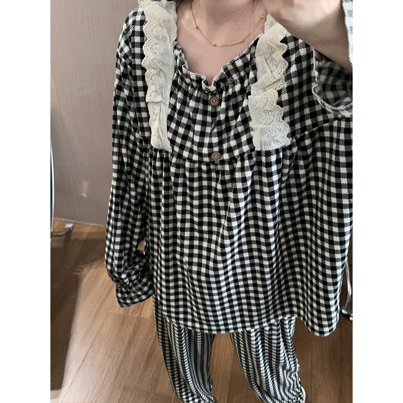 韩系花边格纹睡衣女长袖长裤ins海岛绒秋冬季家居服保暖休闲套装