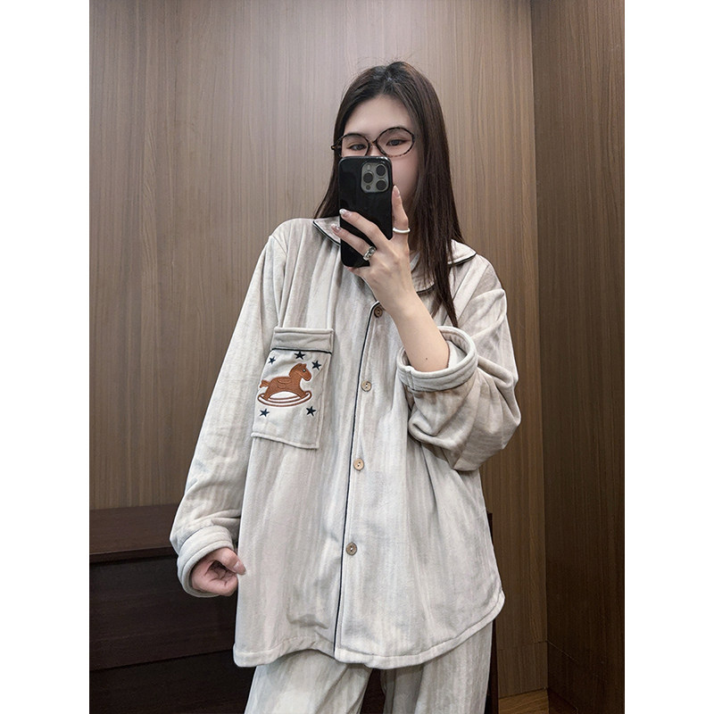 韩国睡衣女小马加厚海岛绒秋冬情侣长袖长裤保暖家居服ins套装