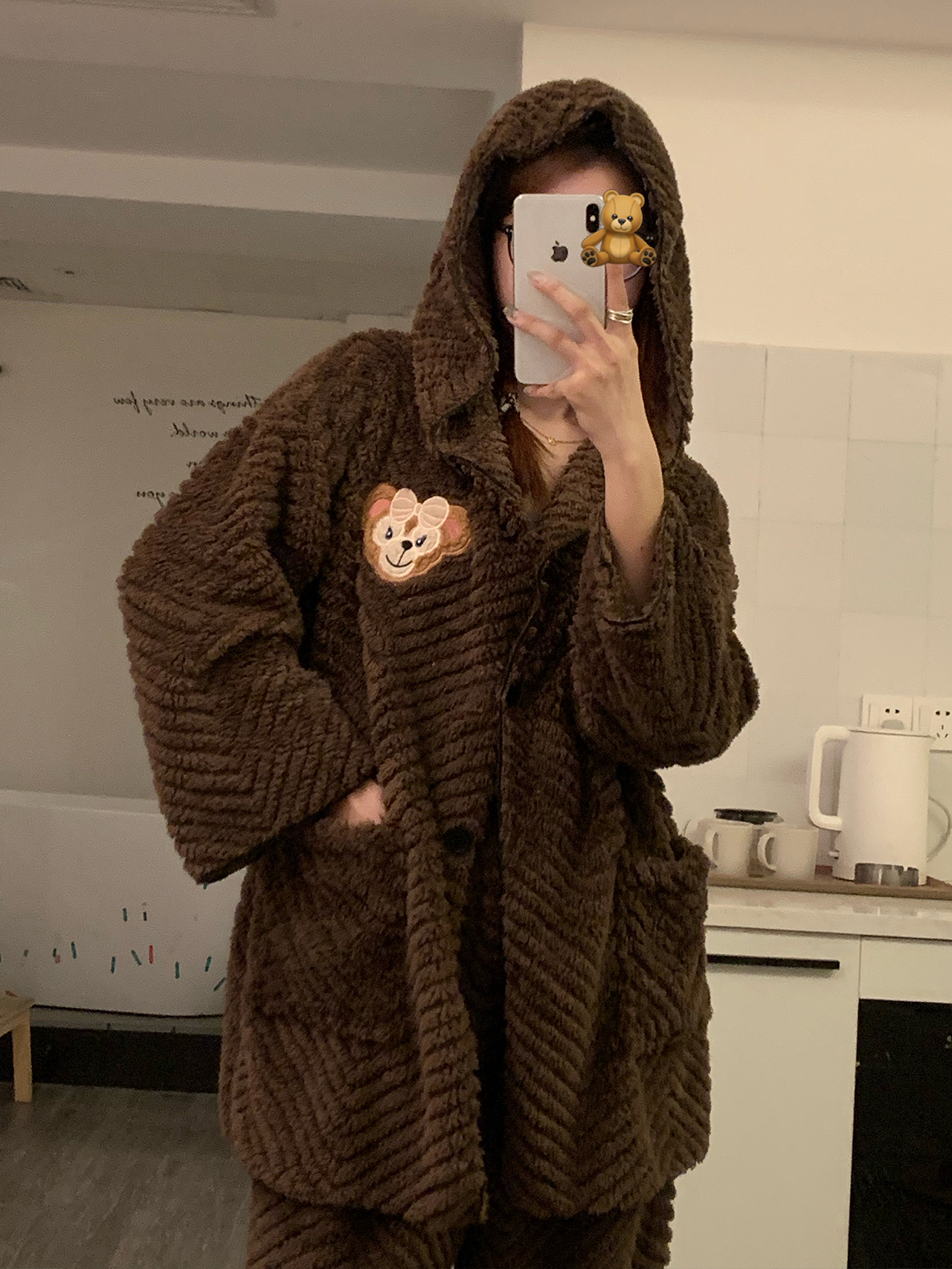 日系卡通雪莉玫小熊连帽加厚睡衣女秋冬保暖毛绒纯色长袖长裤套装