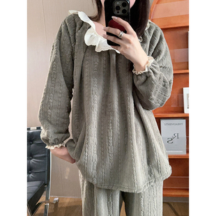 韩系花边睡衣女秋冬季保暖牛奶绒长袖长裤纯色加厚毛绒家居服套装
