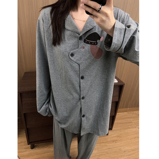 日系卡通小狗纯棉睡衣男女士ins长袖长裤纯色休闲家居服情侣套装
