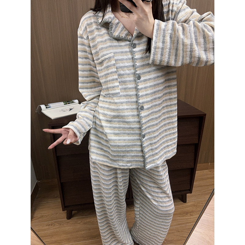 日系经典条纹睡衣女ins色织提花棉春秋长袖长裤慵懒家居服套装