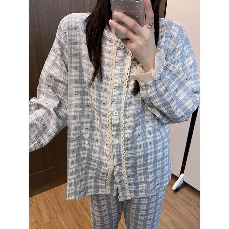 日系花边格纹睡衣女婴儿棉纱