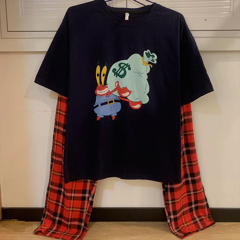 日系卡通圆领蟹老板纯棉睡衣男女夏季格纹短袖长裤家居服情侣套装