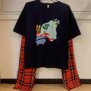 日系卡通圆领蟹老板纯棉睡衣男女夏季 格纹短袖 长裤 家居服情侣套装