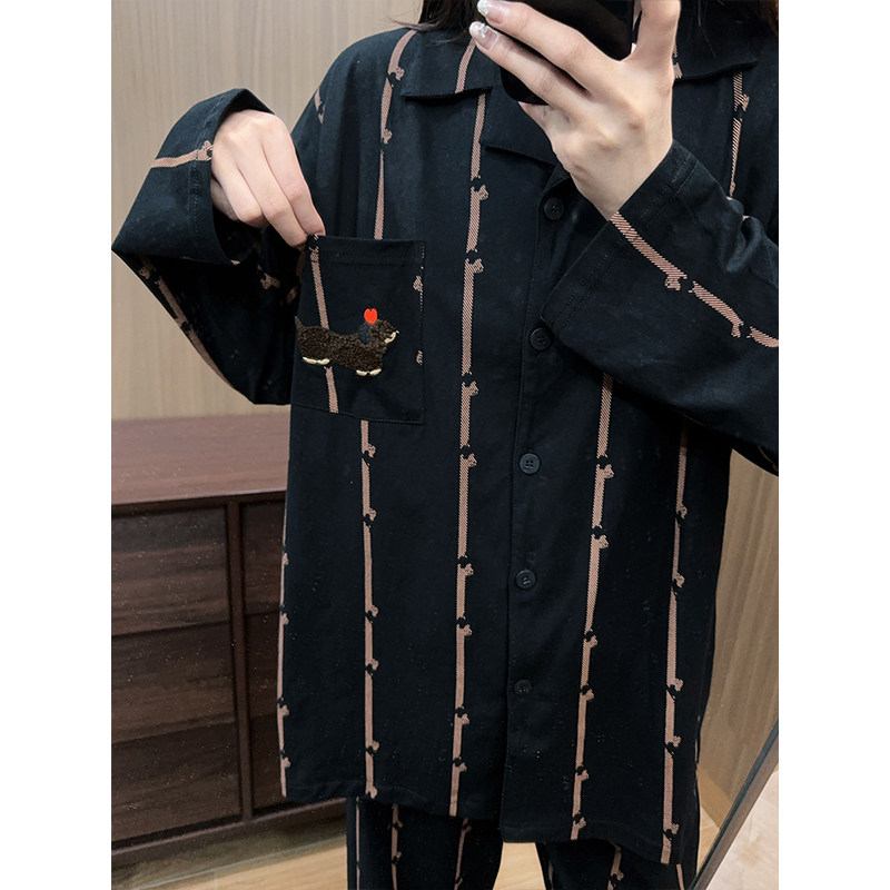 日系卡通腊肠狗纯棉睡衣女慵懒春秋条纹长袖长裤家居服情侣套装