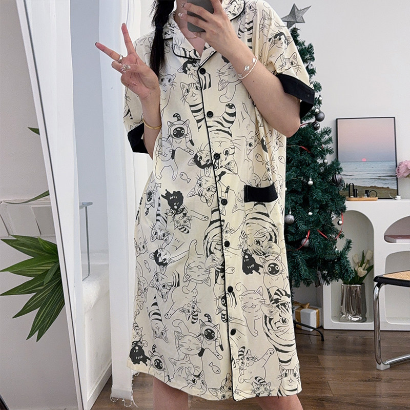 日系睡裙女夏季睡衣可爱卡通猫咪