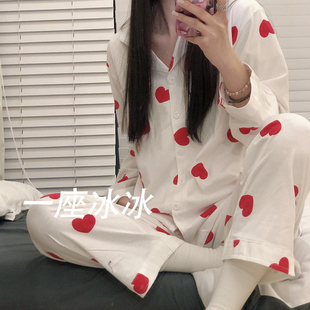 日系桃心可爱卡通睡衣女甜美春秋纯棉韩风学生长袖长裤家居服ins