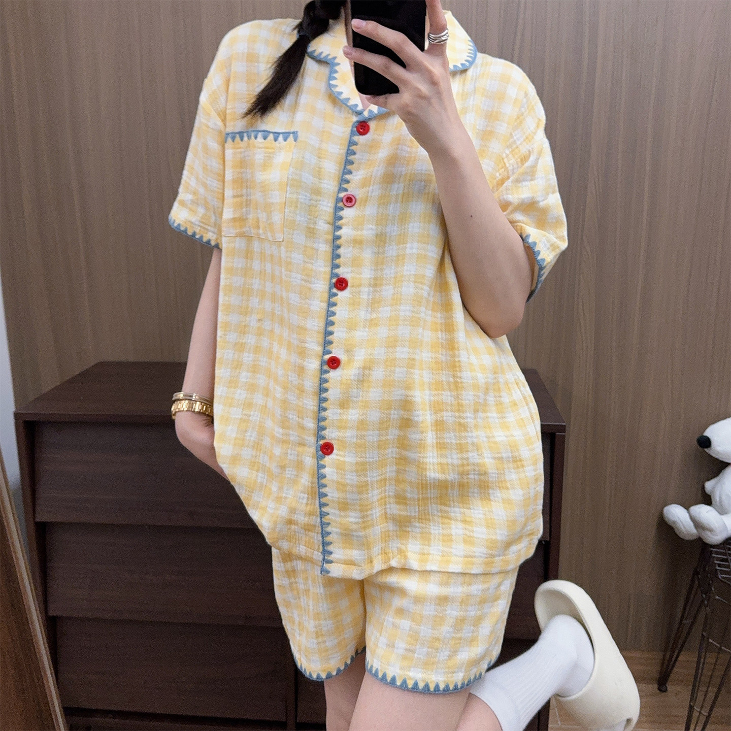 日系经典格纹棉纱睡衣女士夏季翻领短袖短裤可爱宽松家居服套装