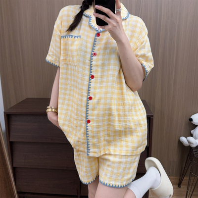 日系经典格纹棉纱睡衣女士