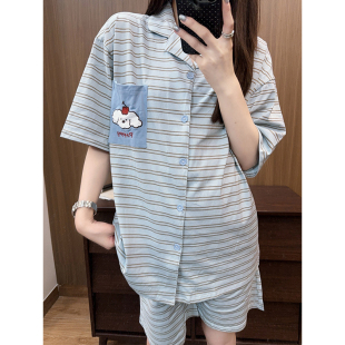 韩系卡通小狗纯棉睡衣女士慵懒短袖短裤夏季条纹俏皮家居服套装
