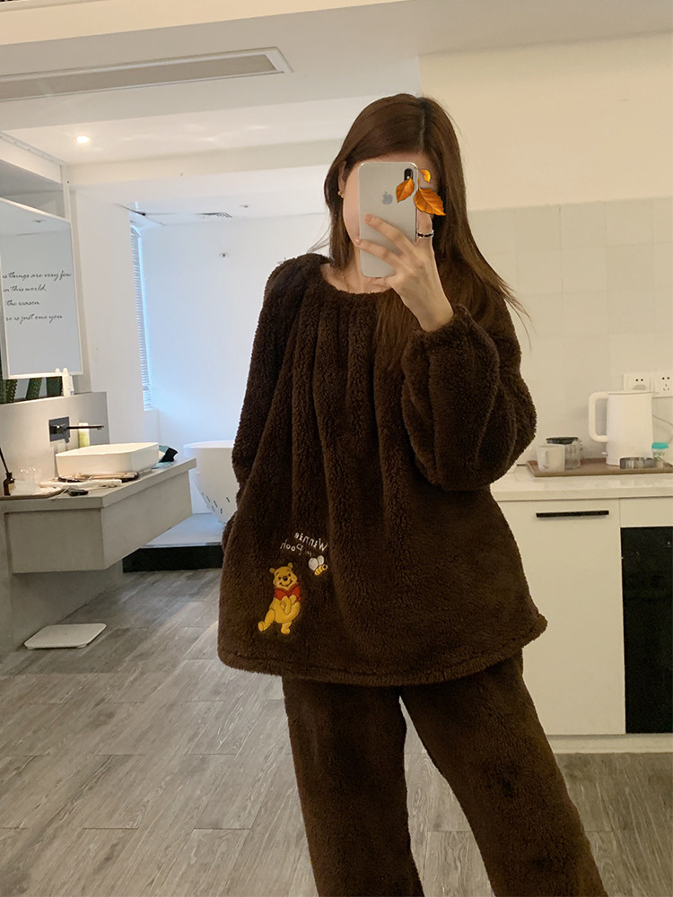 日系卡通维尼熊加厚加绒睡衣女秋冬季保暖长毛绒纯色长袖长裤套装