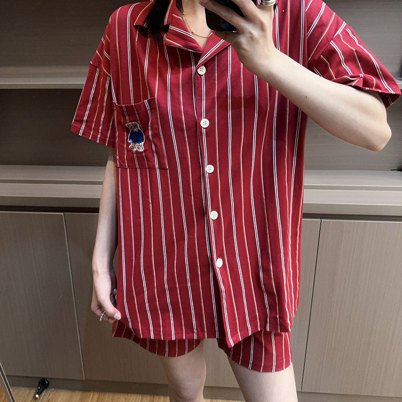 日系条纹小熊红色纯棉睡衣男女生短袖短裤夏季结婚情侣家居服套装