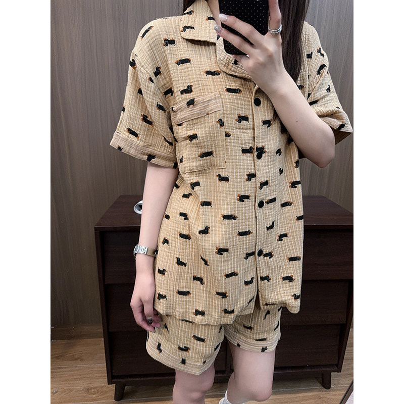 日系卡通腊肠狗睡衣女士婴儿棉纱短袖短裤夏季薄款家居服情侣套装