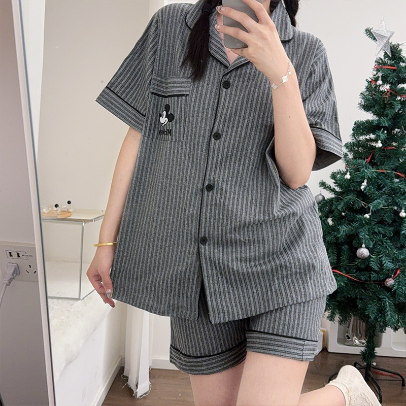 日系卡通米奇纯棉条纹睡衣男女