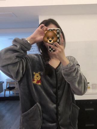 日系维尼小熊卡通睡衣女秋冬珊瑚绒法兰绒长袖长裤毛绒家居服套装