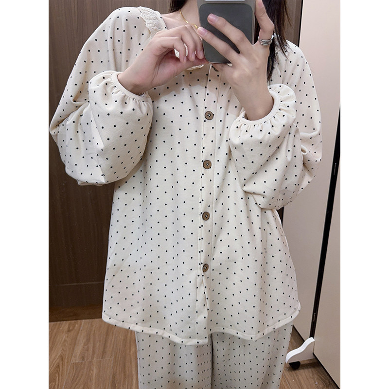 日系波点德绒睡衣女花边圆领