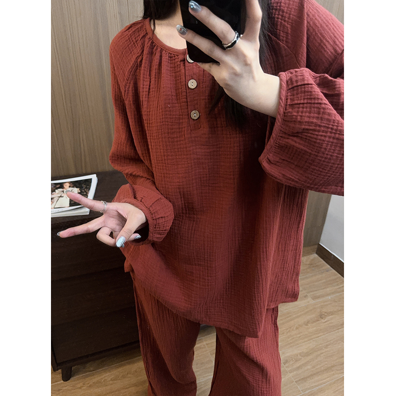 日系婴儿棉纱睡衣女春秋圆领长袖长裤甜美宽松家居服ins红色套装