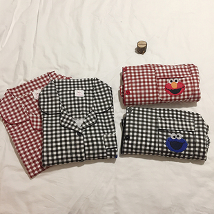 日系芝麻街春秋睡衣冬穿格纹甜饼怪男女韩风ins长袖短袖长裤纯棉