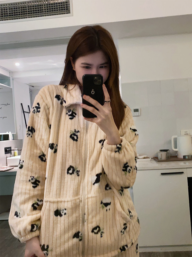 韩国卡通熊猫睡衣女士拉链加厚