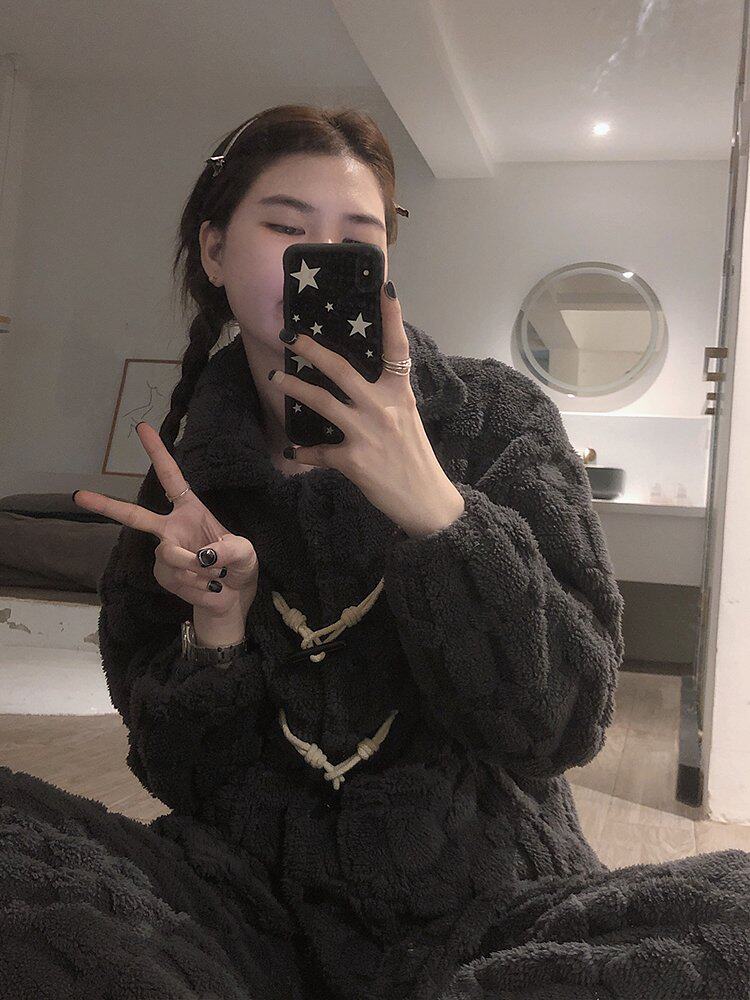 男女生提花毛绒睡衣牛角扣长毛绒