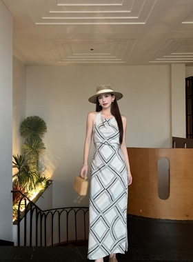 【现货】EAU DE MER 老钱风法式复古印花天丝亚麻连衣裙