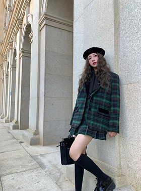 【现货】EAU DE MER 常青藤学院 丝绒拼接格纹毛呢西装外套背心裙